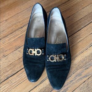 Salvatore Ferragamo Black Suede heels with Gold Accents